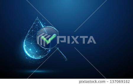 3d blue water drop under magnifying glass with green check mark. Water quality analysis, purity testing, environmental monitoring, laboratory verification concept. 3d blue water drop under magnifying glass with green check mark. Water quality analysis, purity testing, environmental monitoring, laboratory verification concept. 137069182