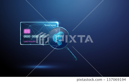 3d blue bank card under magnifying glass with gears. Payment processing, digital banking operations, financial system optimization, smart banking technology concept. 137069194