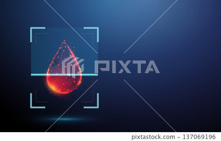 Blood drop inside digital scanning frame. Hematology analysis, blood composition examination, disease detection, infection screening, clinical diagnostics, medical testing concept 137069196