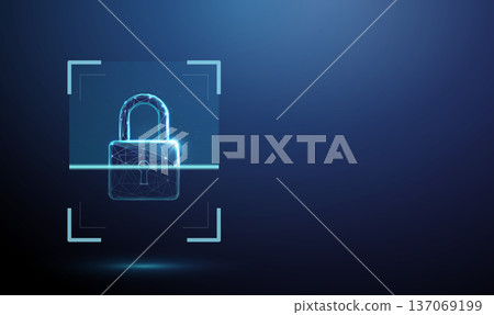 3d padlock inside digital scanning frame. Vulnerability detection, access control verification, cybersecurity monitoring, threat assessment, encryption inspection concept 137069199