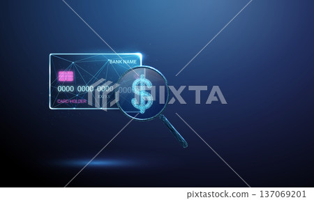 3d bank card under magnifying glass with dollar symbol. Financial analysis, spending review, transaction monitoring,  investment tracking, payment evaluation concept 137069201