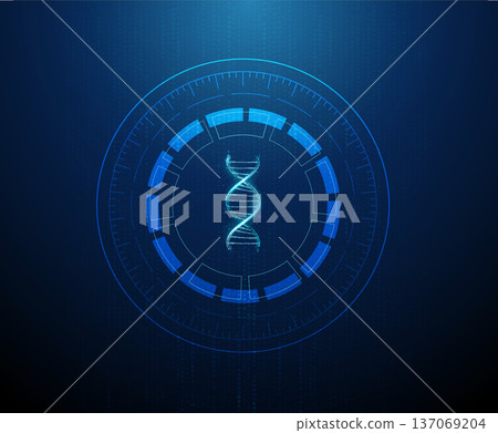 Blue 3d DNA helix within circular structures forming an abstract digital background. Genetic visualization, biotechnology, data-driven bioinformatics, futuristic science illustration concept Blue 3d DNA helix within circular structures forming an abstract digital background. Genetic visualization, biotechnology, data-driven bioinformatics, futuristic science illustration concept 137069204