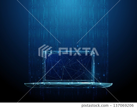 3d laptop in vertical stream of data points. Digital data visualization, information processing, cloud computing, high-tech workflow, technology interface, digital workspace concept. 137069206