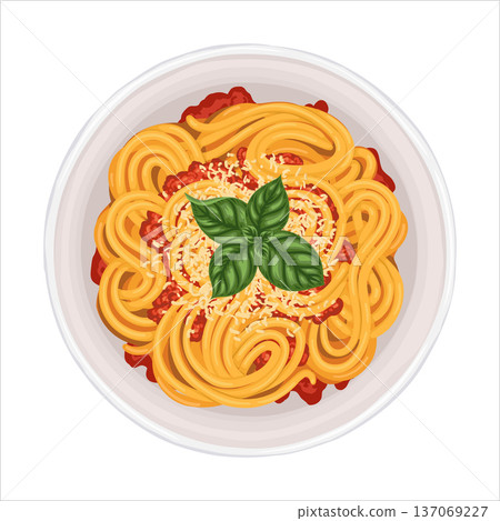 Spaghetti Bolognese top view vector hand drawn illustration. Italian food with meat sauce and basil for mediterranean cafe menu and template. Isolated meal drawing design perfect for delivery graphic. Spaghetti Bolognese top view vector hand drawn illustration. Italian food with meat sauce and basil for mediterranean cafe menu and template. Isolated meal drawing design perfect for delivery graphic. 137069227