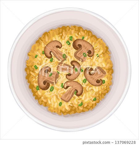 Mushroom risotto top view vector hand drawn illustration. Italian food with green onion and rice for mediterranean cafe menu and template. Isolated dish drawing design perfect for delivery graphic. 137069228