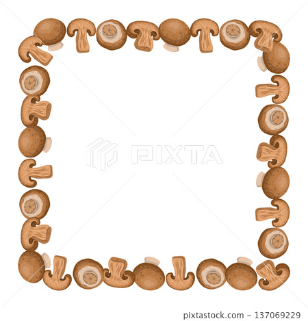 Champignon mushroom square frame vector food illustration. Hand drawn wreath with slice and whole fungi in natural style. Organic ingredient for restaurant menu design. Perfect for product packaging. Champignon mushroom square frame vector food illustration. Hand drawn wreath with slice and whole fungi in natural style. Organic ingredient for restaurant menu design. Perfect for product packaging. 137069229