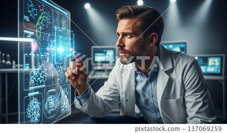 Scientist Interacting with Holographic Display in Modern Lab 137069259