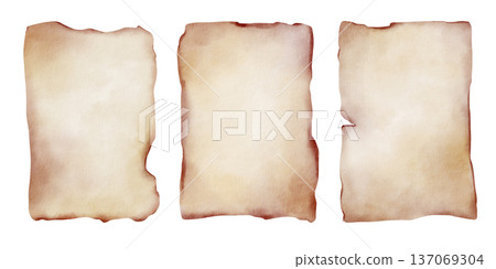 Set of old piece of paper with a blank space for an inscription. Ancient parchment with uneven burnt edges for theme parties,cards. Hand drawn watercolor illustration isolated on white. Set of old piece of paper with a blank space for an inscription. Ancient parchment with uneven burnt edges for theme parties,cards. Hand drawn watercolor illustration isolated on white. 137069304