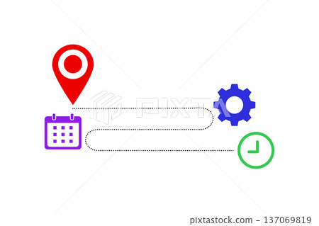 Location To Time Workflow With Calendar And Gear Icons Representing Scheduling And Process 137069819
