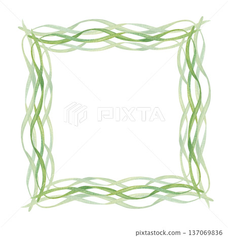 Watercolor green wavy blade grass square border on isolated background. Spring plants frame with copy space for text. Microgreen shoots template for label, greeting card, invitation. 137069836