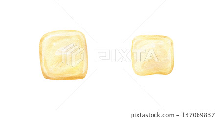 Two yellow butter cubes watercolor illustration clip art on isolated background. Natural creamy margarine portion or cheese slices set. Breakfast ingredient for food packaging, cookbooks, menu. 137069837