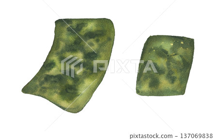 Two thin dried dark green nori seaweed leaves clip art watercolor illustration on isolated background. Single algae sheet, Japanese healthy seafood ingredient for sushi, healthy eating concept. Two thin dried dark green nori seaweed leaves clip art watercolor illustration on isolated background. Single algae sheet, Japanese healthy seafood ingredient for sushi, healthy eating concept. 137069838