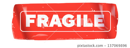 Red FRAGILE sticker with white bold text and tape texture. Horizontal handle with care label for shipping, packaging, and logistics. Isolated on white background vector illustration 137069896