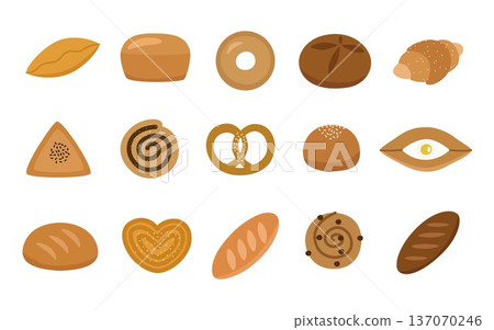 Set of yeast pastries, different types. Black and white bread, rolls with chocolate and cinnamon, meat pies, khachpuri. Vector illustration. Set of yeast pastries, different types. Black and white bread, rolls with chocolate and cinnamon, meat pies, khachpuri. Vector illustration. 137070246