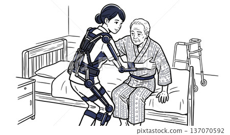 護理人員和老年人身穿護理服。插圖素材。轉移輔助。可穿戴機器人。線條畫。福利設備。 137070592