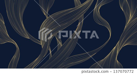 Luxury gold wave line pattern on black background, abstract curves, geometric deco shapes, flowing silk textures. Premium vector illustration, Japanese elegance, packaging, label, poster. 137070772