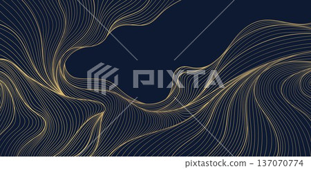 Luxury gold wave line pattern on black background, abstract curves, geometric deco shapes, flowing silk textures. Premium vector illustration, Japanese elegance, packaging, label, poster. Luxury gold wave line pattern on black background, abstract curves, geometric deco shapes, flowing silk textures. Premium vector illustration, Japanese elegance, packaging, label, poster. 137070774