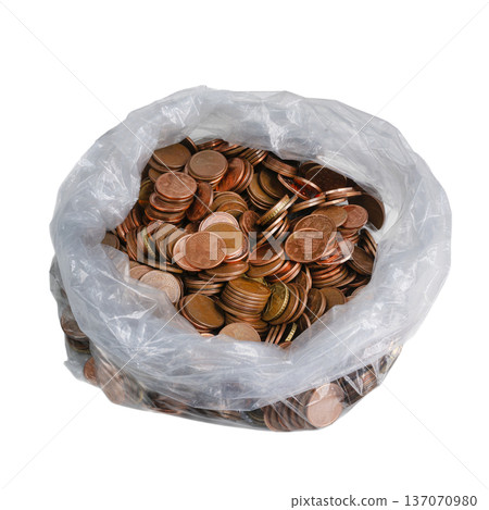 a plastic bag full of euro coins 137070980