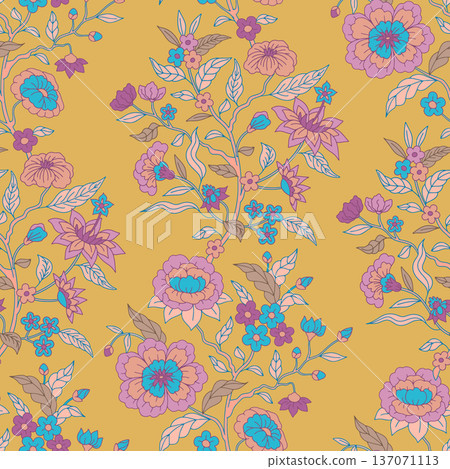 Seamless Jacobean pattern with hand drawn purple flowers and leaves on yellow background. Boho floral repeat wallpaper with indina indian ornament Seamless Jacobean pattern with hand drawn purple flowers and leaves on yellow background. Boho floral repeat wallpaper with indina indian ornament 137071113