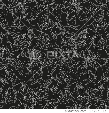 Vintage seamless pattern with hand drawn black and white rose flowers. Boho floral monochrome repeat wallpaper Vintage seamless pattern with hand drawn black and white rose flowers. Boho floral monochrome repeat wallpaper 137071114
