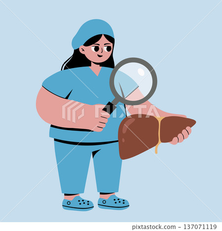 Medical professional holding and analyzing a liver organ with magnifier, symbolizing healthcare, diagnosis, and internal medicine 137071119