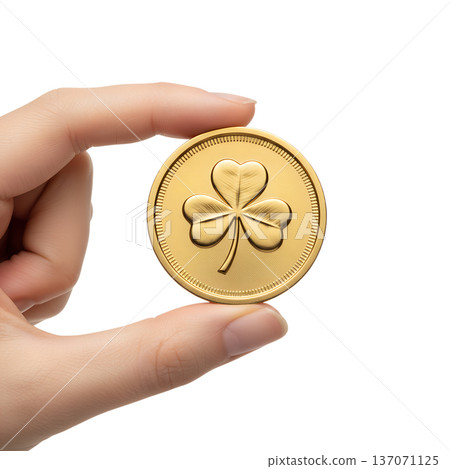 Hand presenting a shiny golden shamrock coin, isolated. Perfect for st. patrick's day wealth, irish luck, and treasure concepts Hand presenting a shiny golden shamrock coin, isolated. Perfect for st. patrick's day wealth, irish luck, and treasure concepts 137071125
