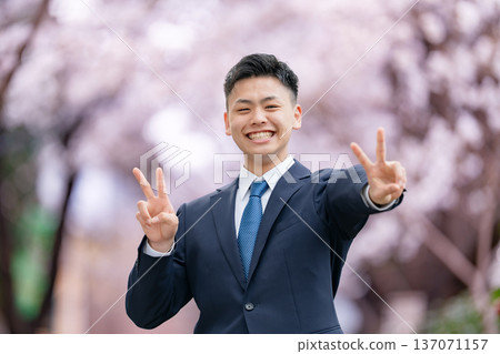 Freshers, young men in suits, peace signs Freshers, young men in suits, peace signs 137071157