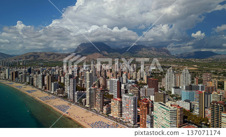 Aerial panorama of Benidorm city skyline and Levante beach with Mediterranean coast Spain 137071174