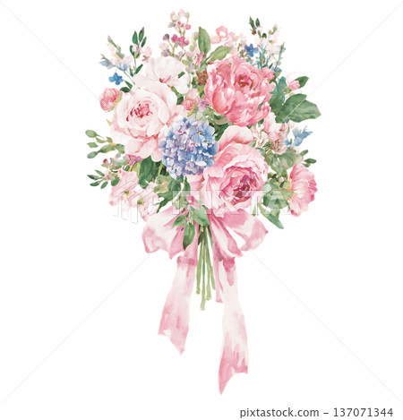 watercolor bouquet of pink roses, isolated on white 137071344