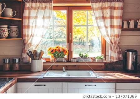 Cozy Rustic Wooden Kitchen Interior with Bright Natural Light and Warm Decor Cozy Rustic Wooden Kitchen Interior with Bright Natural Light and Warm Decor 137071369