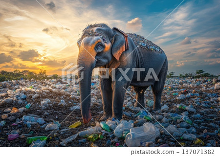 Weary Elephant Surrounded by Patches of Plastic Waste at Sunset in Nature's Ruins 137071382