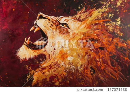 A painting of a lion with its mouth open and teeth bared 137071388
