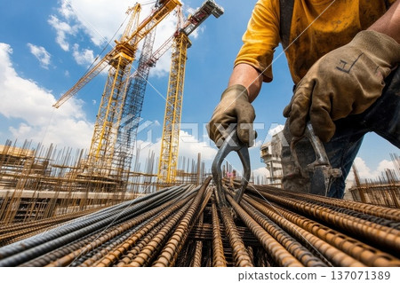 Skilled Construction Worker Securing Steel Rebars at Construction Site with Cranes Skilled Construction Worker Securing Steel Rebars at Construction Site with Cranes 137071389