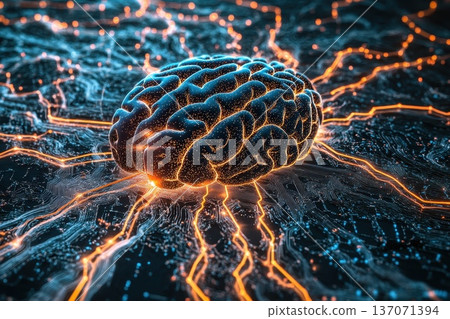 Futuristic Digital Brain Concept with Neural Connections and Glowing Electric Signals 137071394