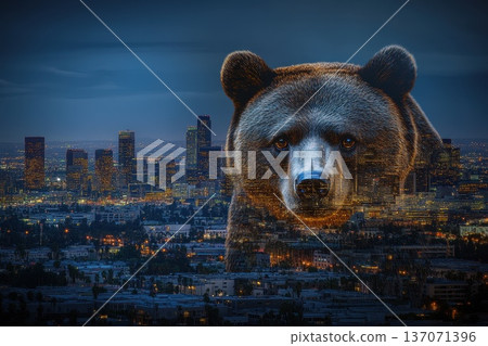 Towering Hologram Bear Over a City at Dusk with Vibrant Urban Lights Towering Hologram Bear Over a City at Dusk with Vibrant Urban Lights 137071396