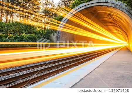 High-Speed Cargo Train Emerging from Tunnel with Blurred Lights in Scenic Landscape 137071408