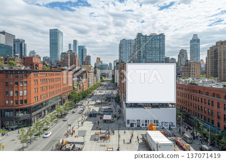 Large Outdoor Billboard in Urban Setting Against a Bright Cloudy Sky Large Outdoor Billboard in Urban Setting Against a Bright Cloudy Sky 137071419