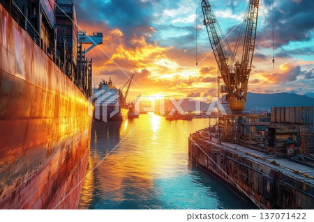 Wide Angle View of a Bustling Shipping Port at Sunset with Cranes and Ships 137071422