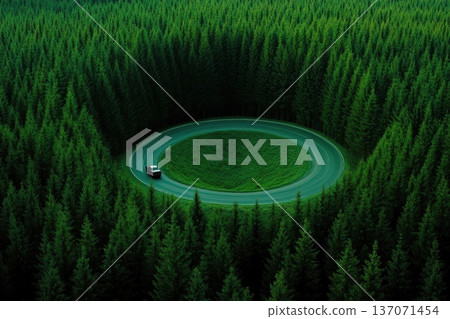 Stunning Aerial View of Winding Road Cutting Through Lush Green Forest Landscape Stunning Aerial View of Winding Road Cutting Through Lush Green Forest Landscape 137071454