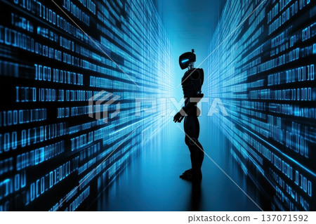 Futuristic Humanoid Robot in a Network Environment with Binary Code Background 137071592