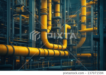 Industrial Pipes and Structures in a Modern Factory Setting with Yellow and Gray Color Palette Industrial Pipes and Structures in a Modern Factory Setting with Yellow and Gray Color Palette 137071594