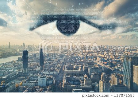 Futuristic AI Eye Scanning Digital Cityscape with Advanced Technology Elements Futuristic AI Eye Scanning Digital Cityscape with Advanced Technology Elements 137071595