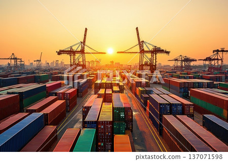 Sunrise Over Freight Transportation Hub with Cargo Containers and Cranes Sunrise Over Freight Transportation Hub with Cargo Containers and Cranes 137071598