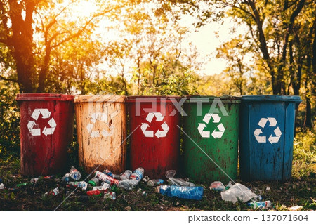 Urban Smart Recycling Station with Colorful Bins in Natural Setting 137071604