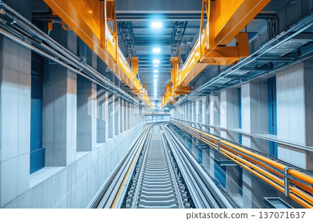 Awe-Inspiring Train Maintenance Facility with Tracks and Industrial Overhead Cranes 137071637