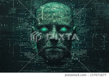 Futuristic Cybernetic Face with Integrated Circuit Patterns Illuminating in Green Light 137071677