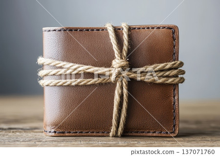 Financial Stress Represented by Wallet Bound with Rope on Wooden Surface 137071760
