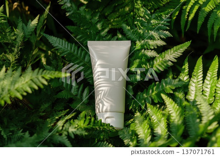 Elegant Cosmetic Tube Mockup in Natural Greenery with Lush Fern Leaves Surrounding It Elegant Cosmetic Tube Mockup in Natural Greenery with Lush Fern Leaves Surrounding It 137071761