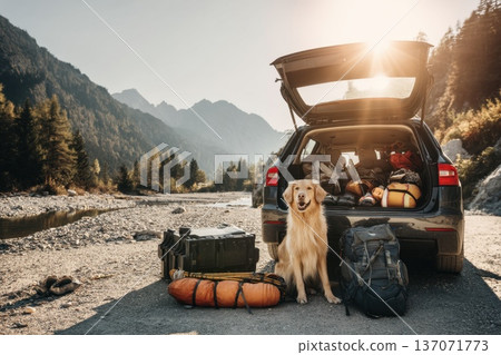 Dog Enjoys Scenic Nature View from Car Trunk with Luggage and Mountains in the Background 137071773
