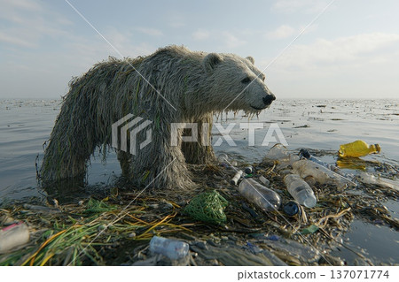 Polar Bear Made of Grass with Trash Pollution in Ocean Environment Polar Bear Made of Grass with Trash Pollution in Ocean Environment 137071774